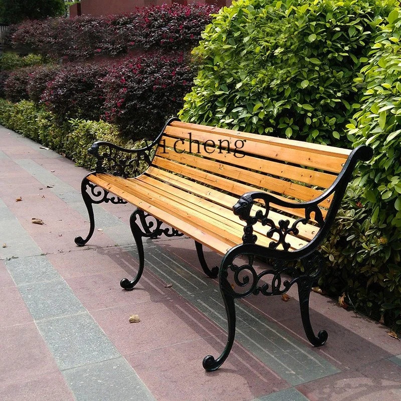 YFY solid wood park outdoor leisure square chair  iron outdoor row chair  double solid wood bench