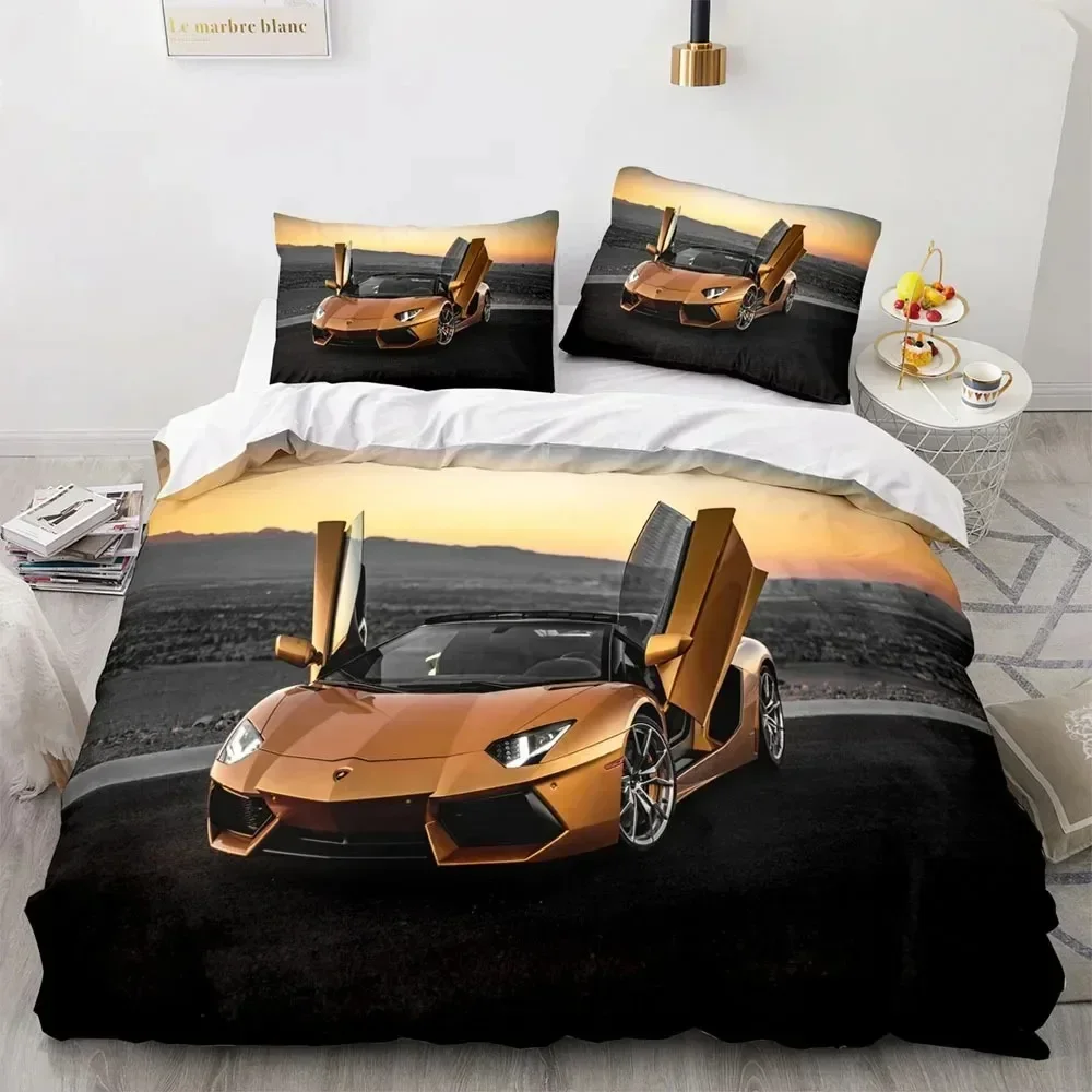 Sports Car King Queen Duvet Cover Cool Colorful Supercar Pattern Bedding Set for Men Adult Race Car Polyester Quilt Cover