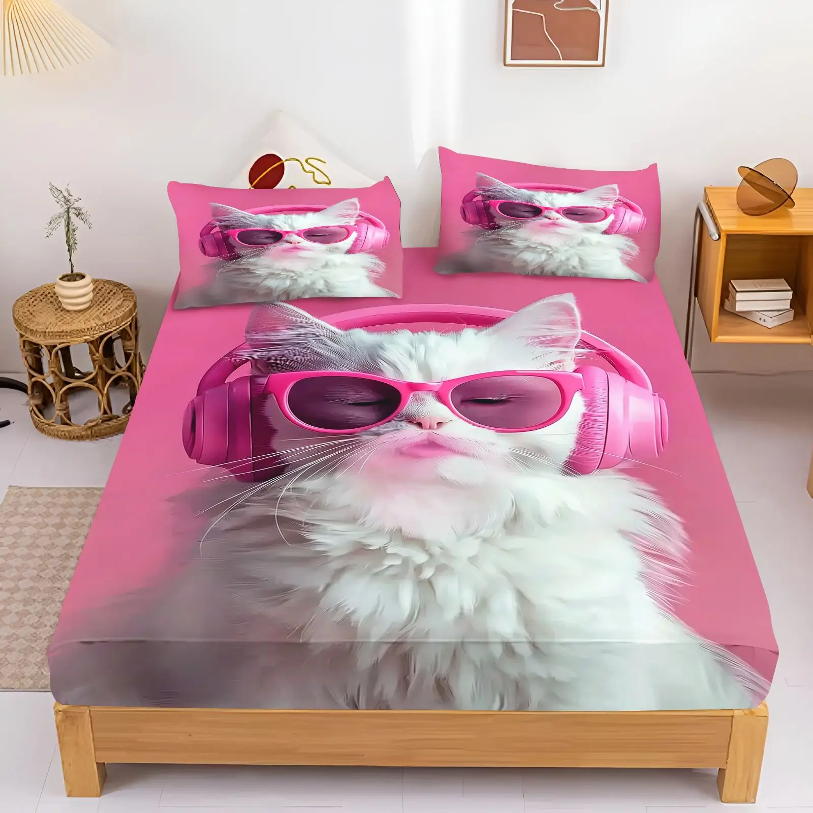 Cute Cool Animal Fitted Sheet Set 3D Print Giraffe Cat Rabbit Llama Dog Sheep Bed Sheet Pillowcase Kids Teens Bedroom Home Decor
