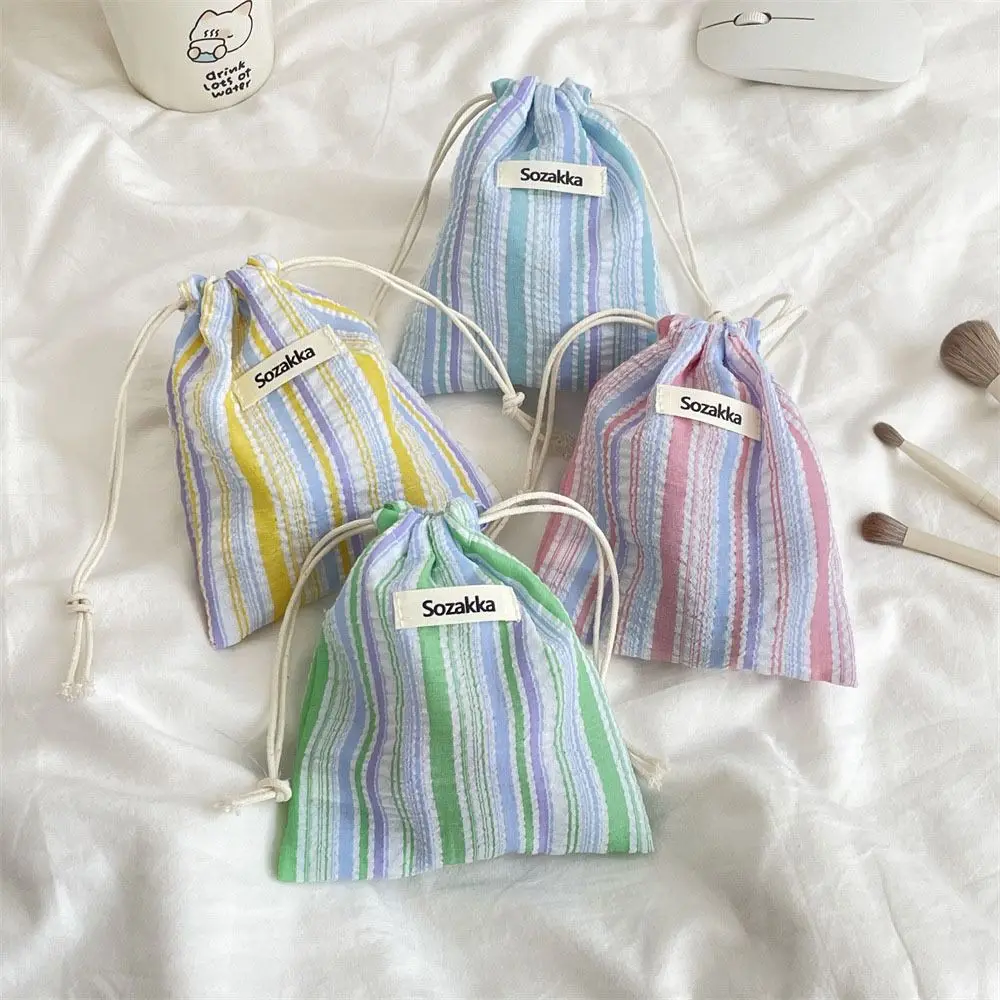 

Simple Change Bag Stripe Drawstring Storage Bag Coin Purse Packing Bag Makeup Bag Handbag Canvas Cosmetics Bag Travel