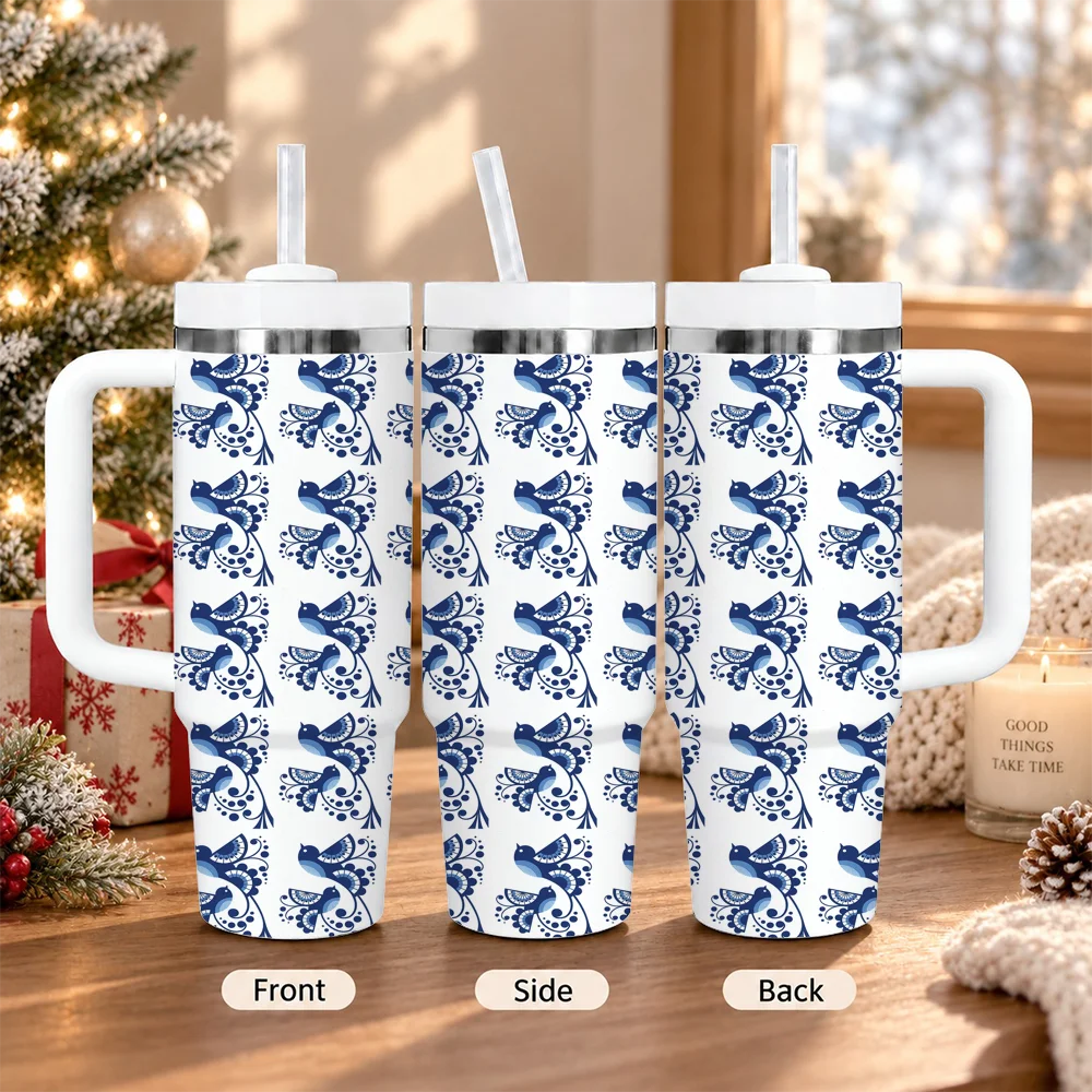 nordic folk patterns Vacuum Flasks 40oz Insulated Stainless Steel Tumbler with Handle & Straw, Hot Cold Gift Cup