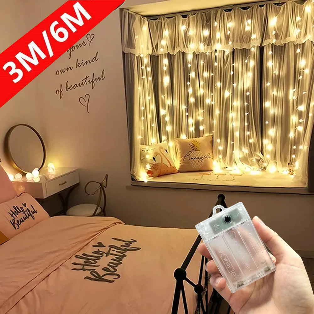 

3/6M Battery Power Festoon LED Curtain Light String Wedding Fairy Garland Holiday Party Ramadan Home Room Decoration Eid Mubarak