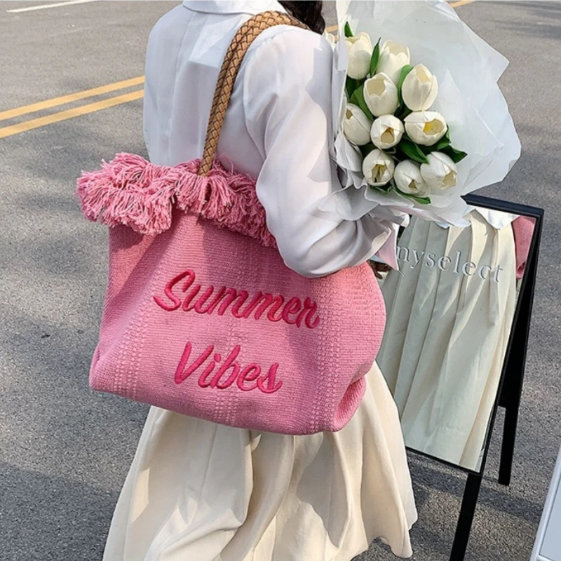 

Модная простая сумка для покупок с вышивкой букв и кисточками для студентов колледжа, большая вместительная портативная рабочая сумка для девочек