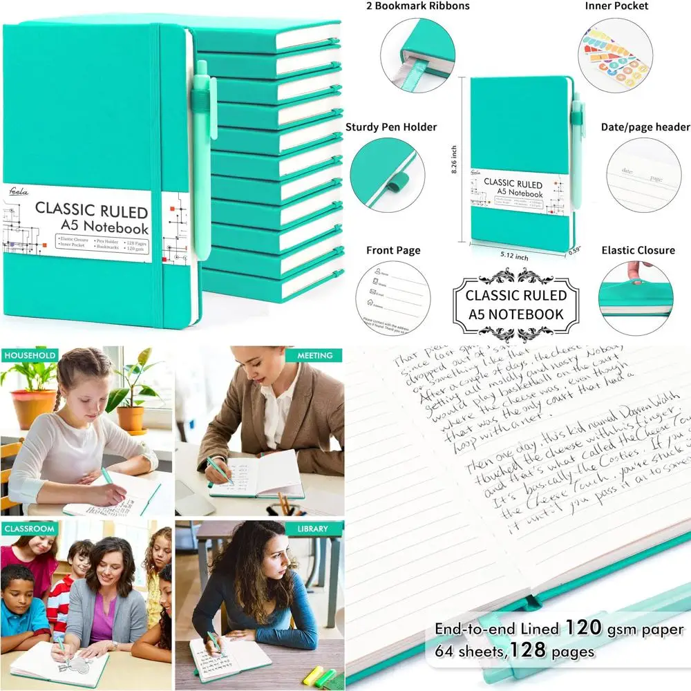

A5 Aqua Hardcover Journals Set with 12 Pens, 120 GSM, Ruled Paper, Ideal for Women and Girls, School and Business Use
