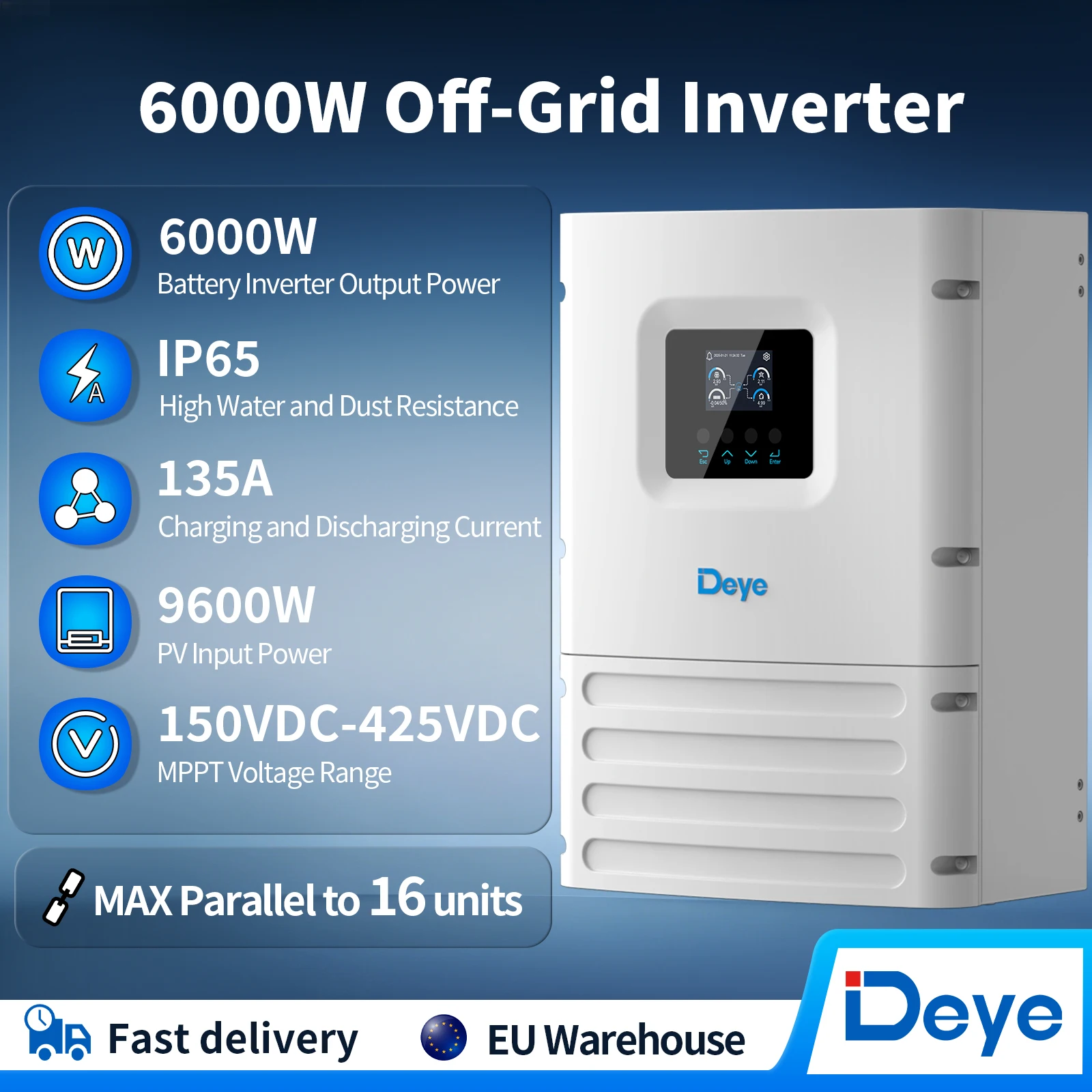 Inversor Solar DEYE IP65 de 6kW, Paralelo, para Exteriores, Salida Dual de 9600W, PV 120A MPPT, Carga Rápida, WiFi Integrado, para Sistemas Domésticos Fuera de la Red