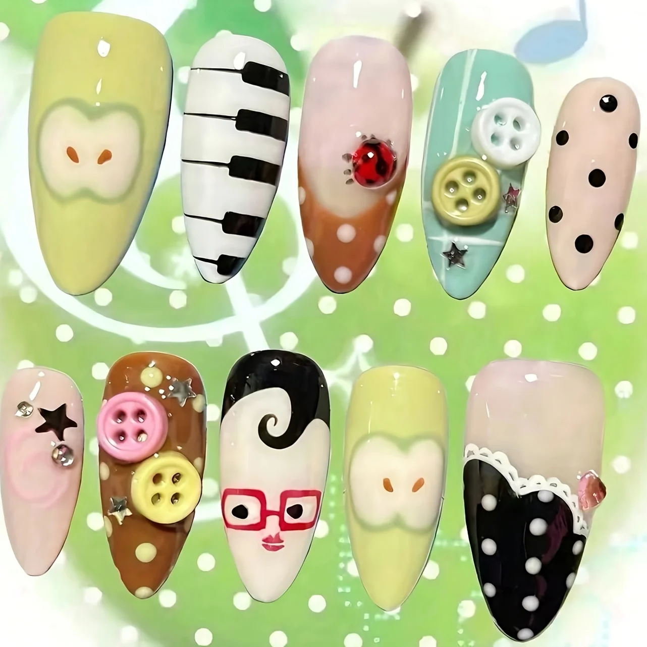 10pcs Medium Almond Long Nails Light Green White Black Nude Brown Mint Blue Press On Nails with Piano Key Apple Ladybug Buttons view 3