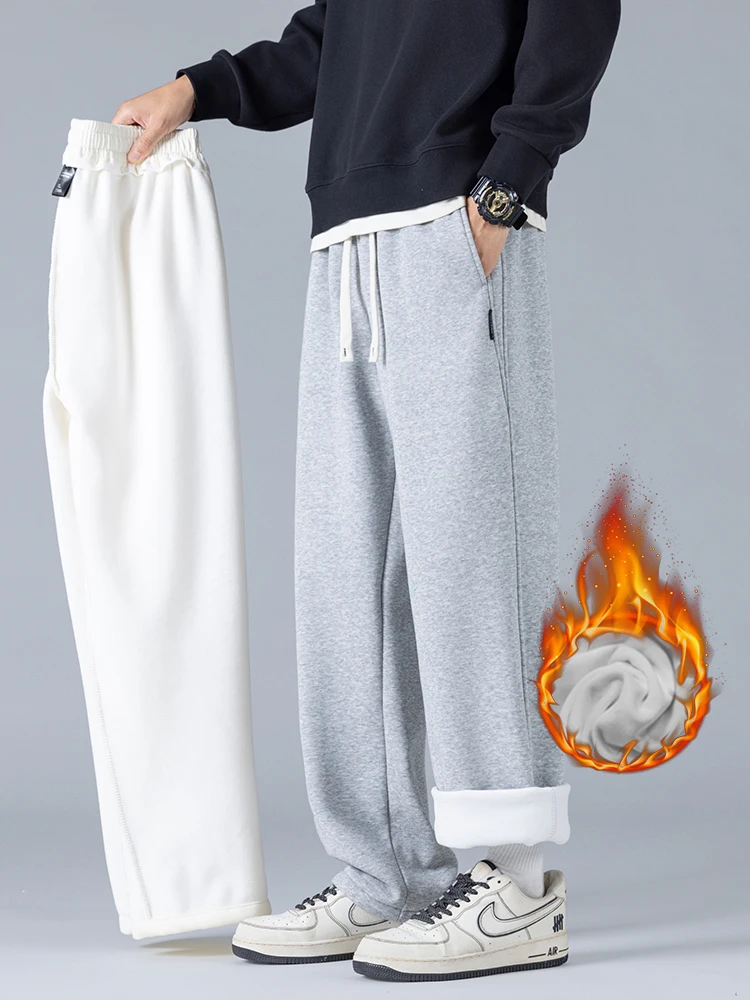 

Winter Men's Fleece Straight Pants Casual Loose Comfortable Drawstring Warm Velvet Trousers Fashion Thickened Plush Sweatpants