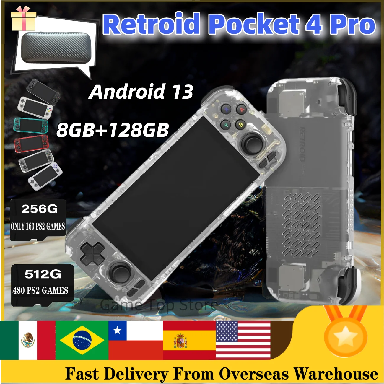 

Retroid Pocket 4 Pro Handheld Game Console 4.7 Inch Touch Screen RAM 8G+128G Bluetooth 5.2 5000mAh Games Hobbies Gift PSP PS2