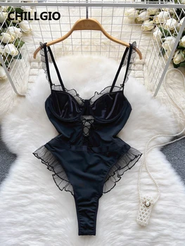 CHILLGIO 여성용 러플 레이스 바디수트, 바디콘 콤비네이션 롬퍼, 캐주얼 스트리트웨어, 파티 점프수트, 솔리드 패션 스트랩 캣수트