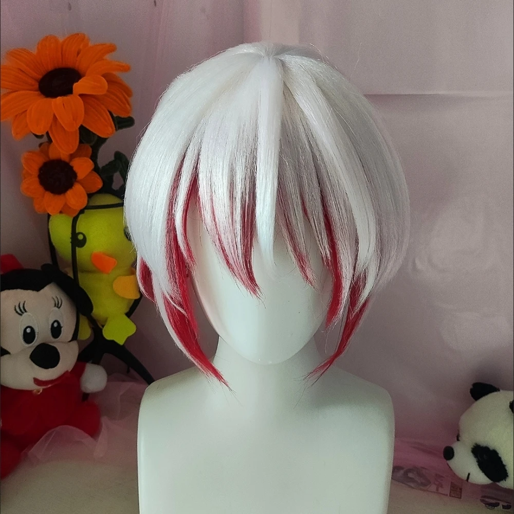Anime Jono Saigiku Cosplay Wig Red and White Highlighte Short Hair Heat resistant Synthetic Fiber Wig With Rose Net Party Wig
