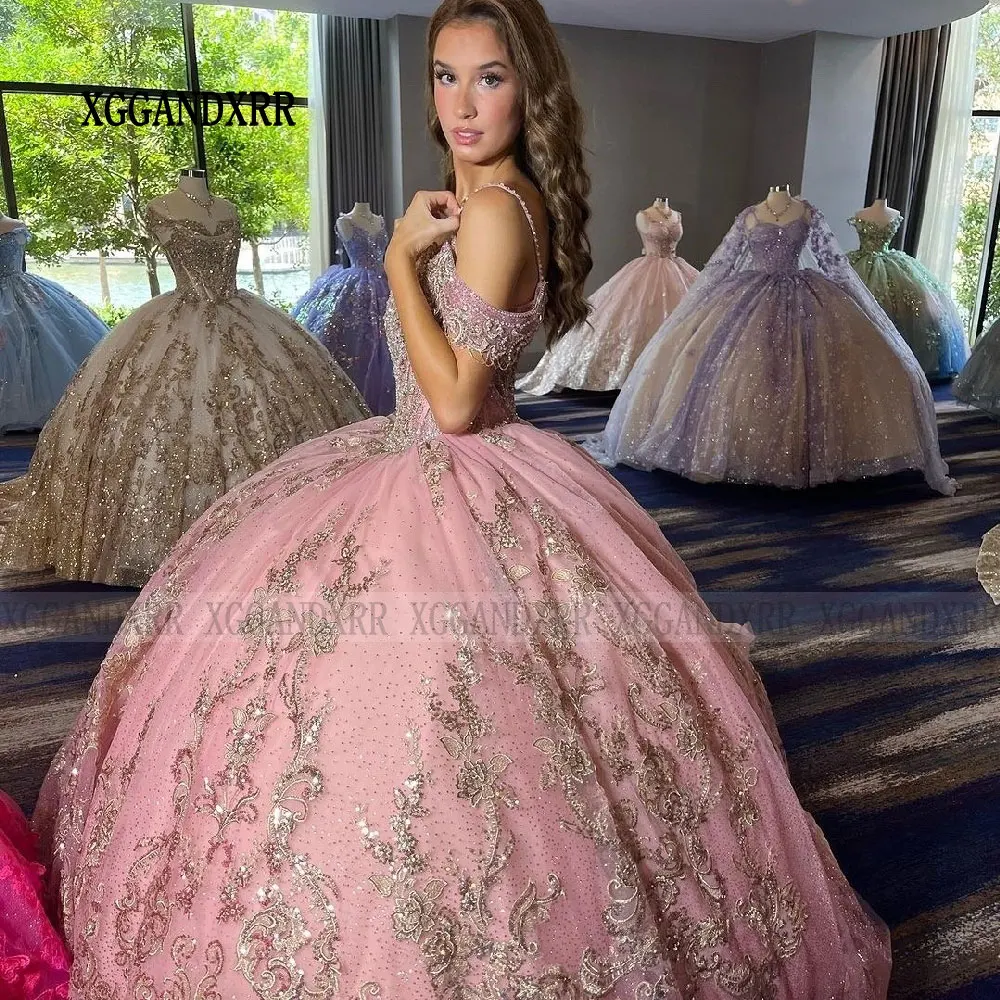 Vestido de baile rosa fora do ombro com aplique de renda, vestidos de festa, senhorita gala, quinceanera de luxo, 15 anos, 2024