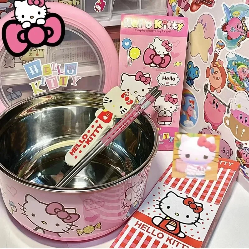 1200ML Sanrio Hello Kitty Stainless Steel Noodle Bowl with Lid Kawaii Large Cartoon Fruit Salad Rice Soup Bowl Kitchen Tableware