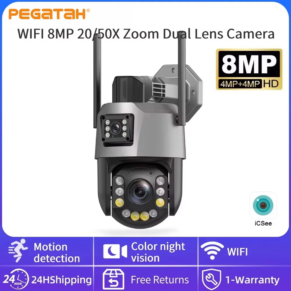 WIFI 4K 8MP Dual Lens 20/50X Zoom PTZ Security Camera Outdoor Surveillance Camera 393ft Ultra Long IR Vision ONVIF ICSEE APP