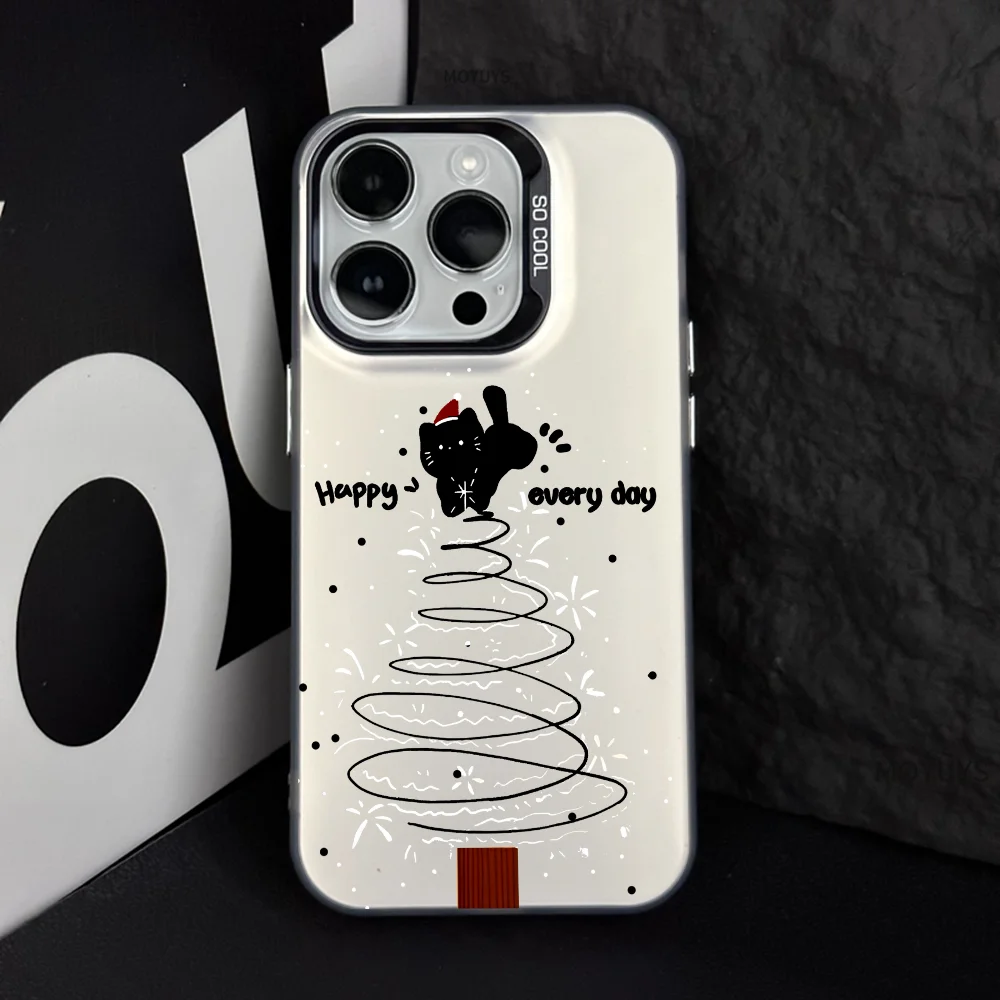 Christmas Tree Black Cat Happy Every Day Phone Case IMD Color Silver Shell For IPhone 16 15 14 13 12 Pro Max Plus