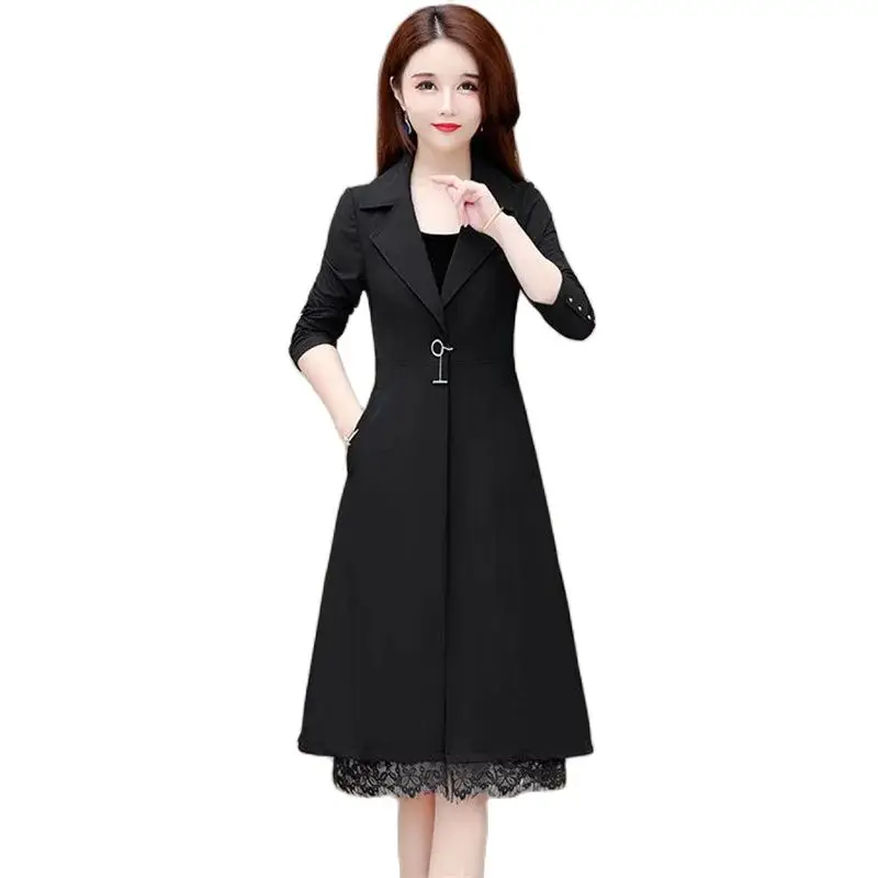 

Spring Autumn Mid-Long Windbreaker Women 2024 New Loose Suit Collar Trench Coat Single Buckle Outerwear Fashion Overcoat Female