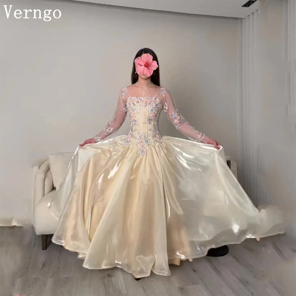 

Verngo Appliques Shiny Satin Evening Dress O Neck Full Sleeves A Line Modest Formal Occasion Dresses Customized