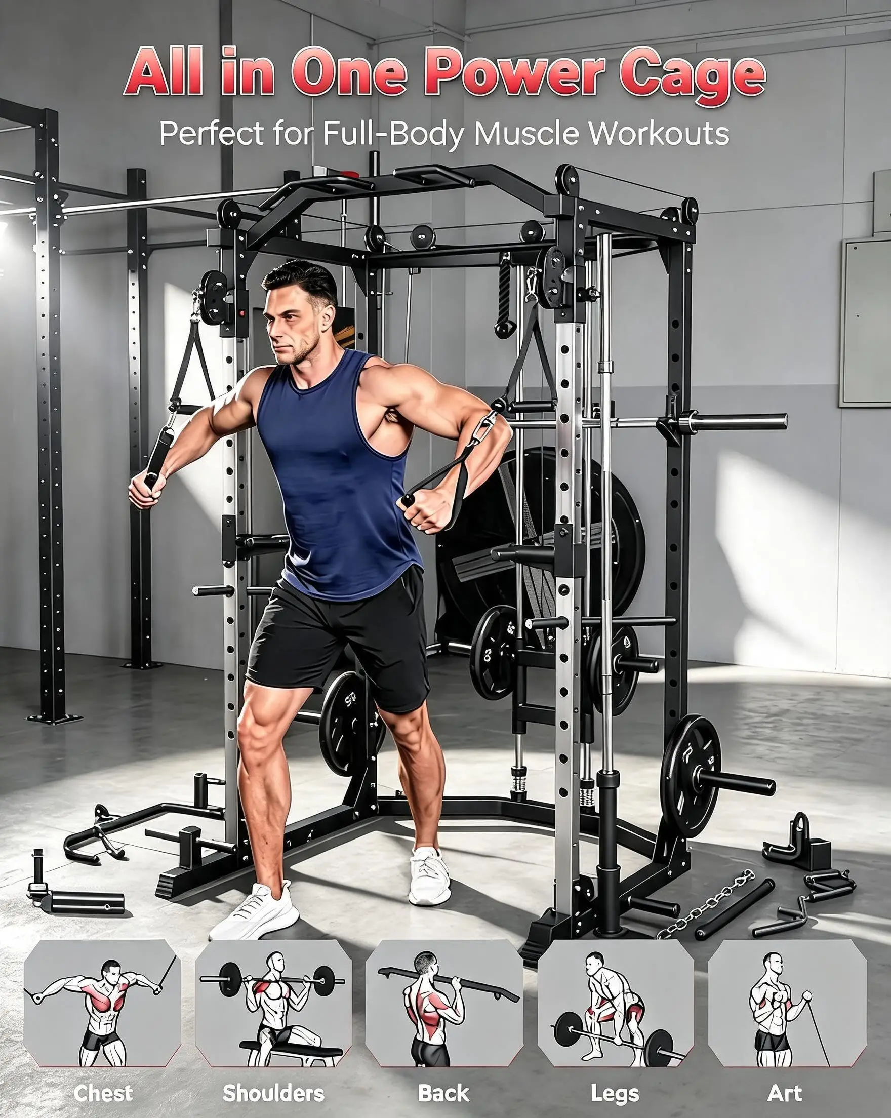 1600LB Power Cage for Home Gym with Cable Crossover and LAT Pulldown