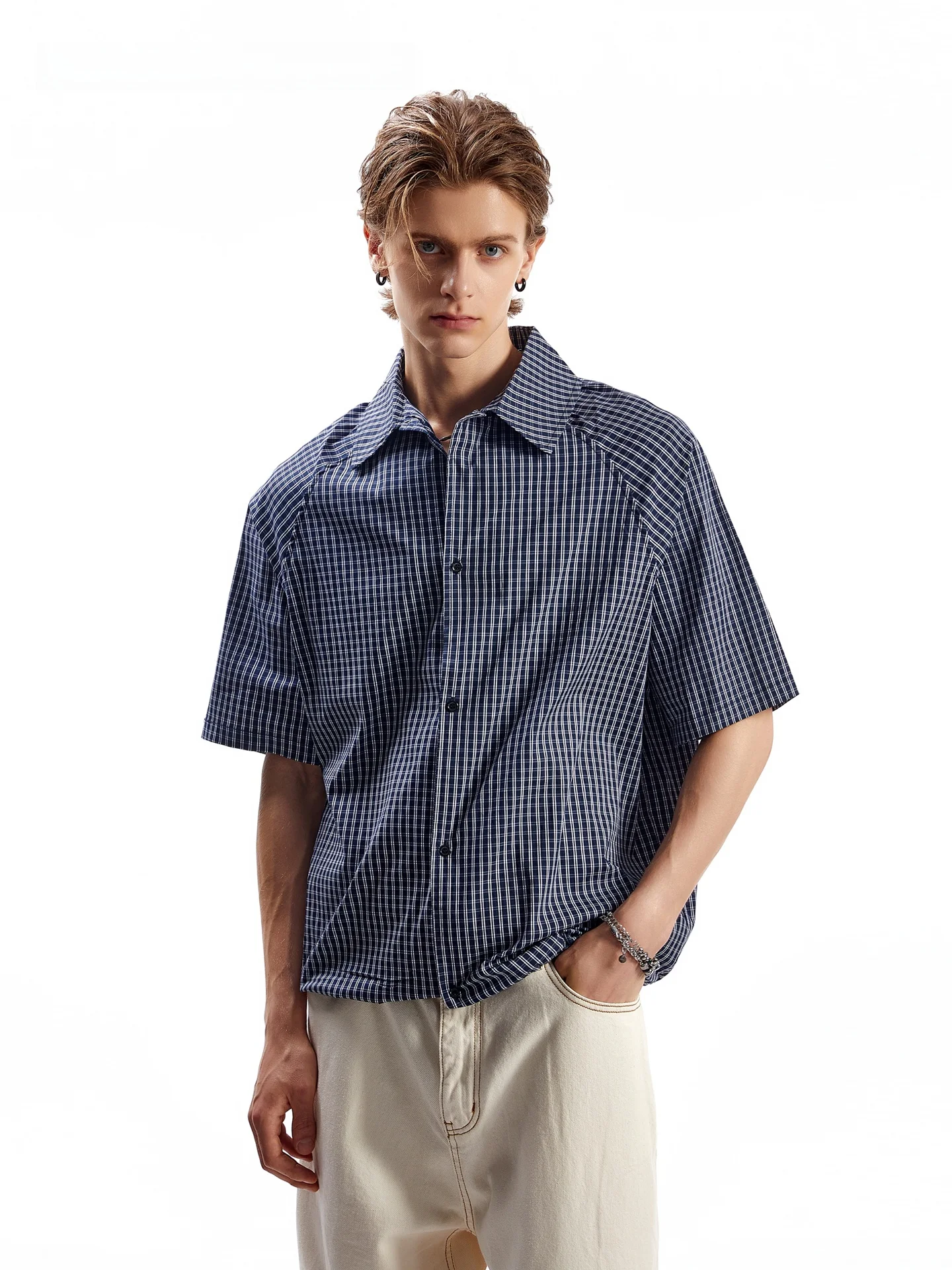 SDMADE American Retro Plaid Short Sleeve Loose Drawstring Shirt Men Women Summer Comfortable Breathable Cotton Polyester Blend