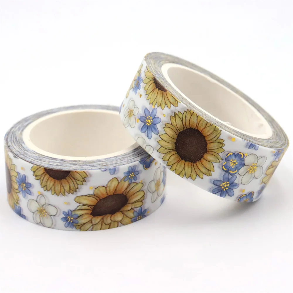 NEW 1PC 15mm*10m Gold Foil Sunflowers and Blue Flower Floral Decorative Washi Tape Stationery Colourful Tape Office Supply