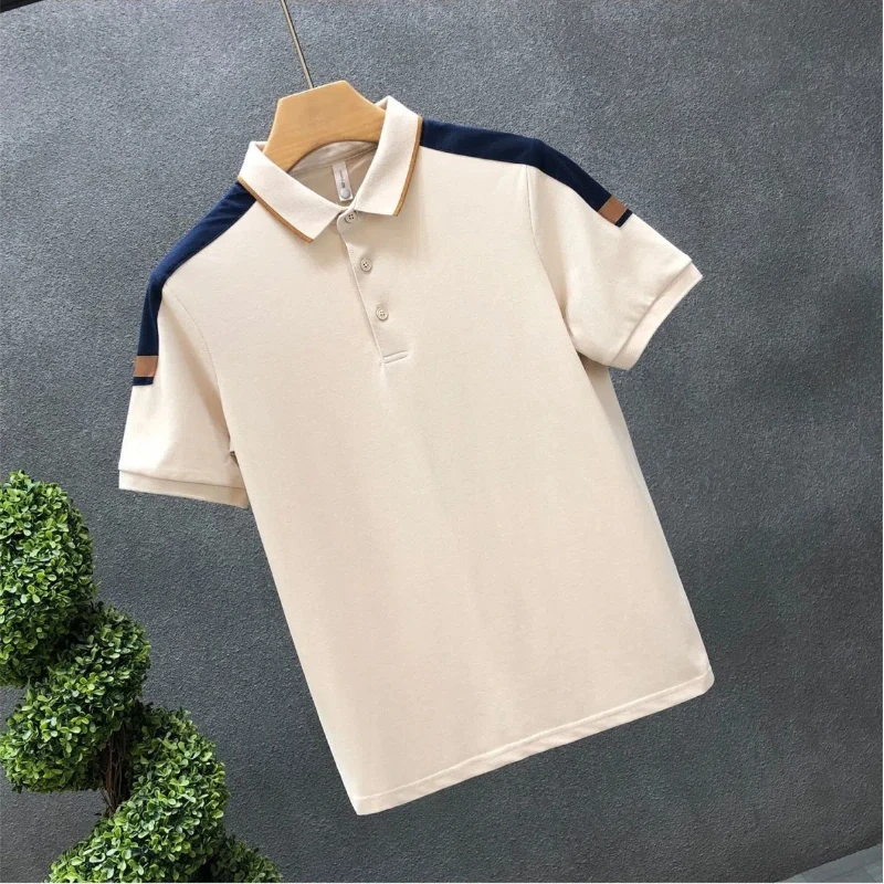 Business Casual Men\'s 2024 Summer New Patchwork Polo Shirt Button Fashion Solid Color Slim Minimalist Short Sleeved T-shirt Tops