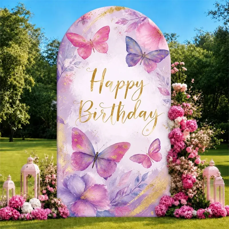 

Single Side Arch Backdrop Cover Elegant Purple and Pink Butterfly Birthday Backdrop with Gold Script Text and Floral Accents