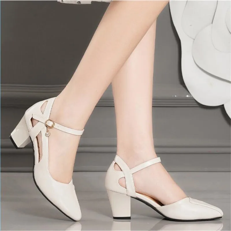 Women Shoes Pointed Toe Pumps Solid Color Sandals Female Summer New Baotou One-word Buckle Thick Heel Ladies Comfortable Shoe