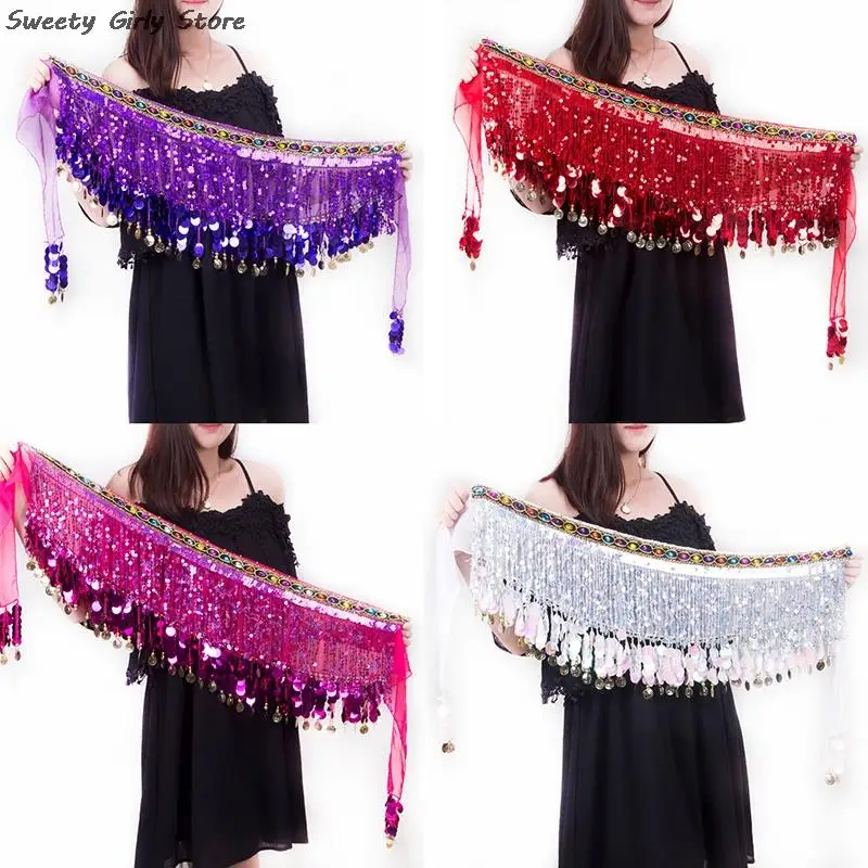 Full Sequins Dance Skirts Women Sexy Belt Beach Party Indian Belly Dancing Skirt Jazz Pettiskirt Hip Scarf Coin Pendant Dressing