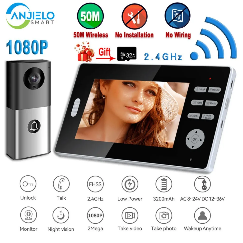 

ANJIELO SMART 7" 1080P Wireless Video Doorbell, Tuya App, 50M Range, No Wiring, Night Vision, Motion Detection, IP65