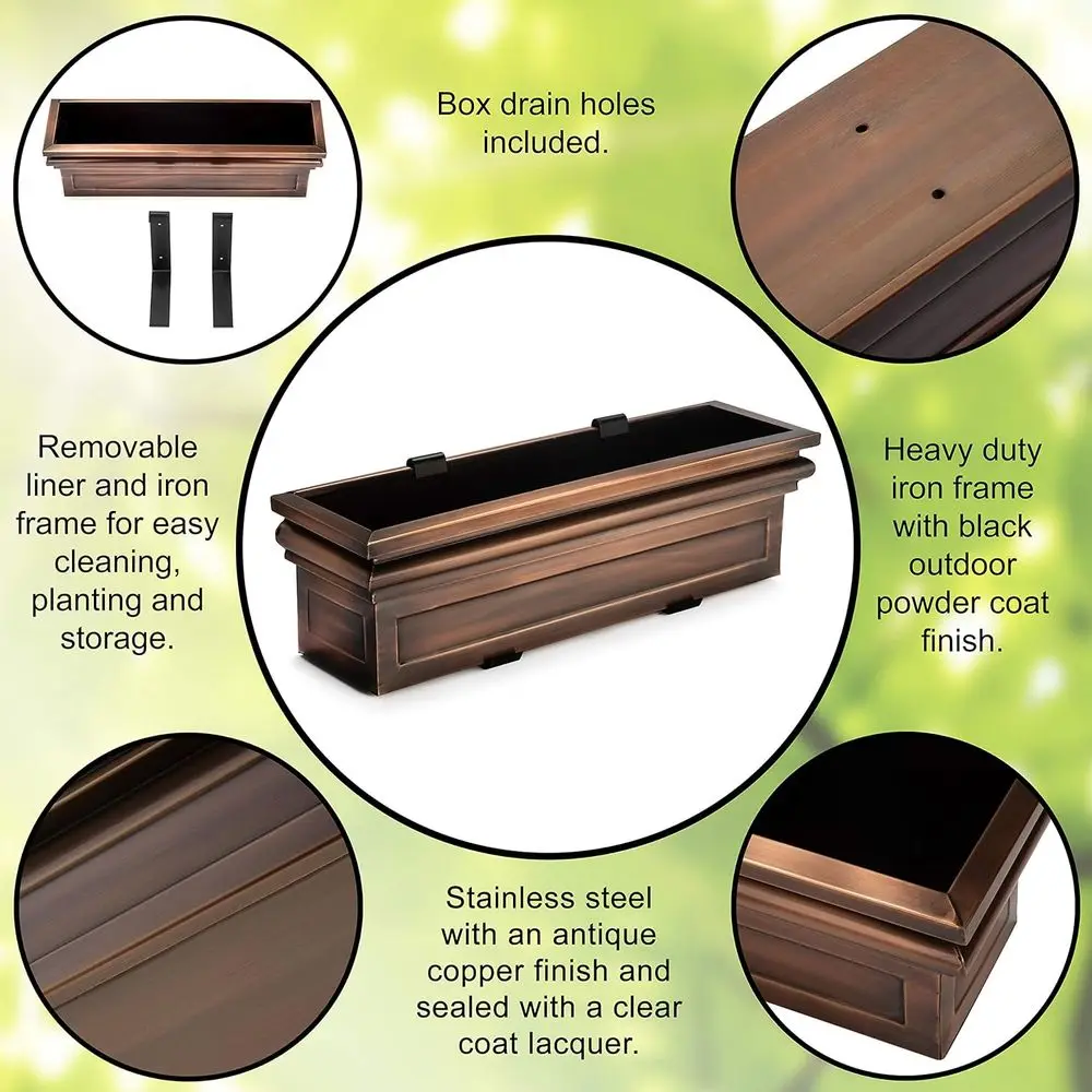 Window Box Planter with Brackets - 30 Copper Finish - Handcrafted Metal Outdoor Box - Garden Decor