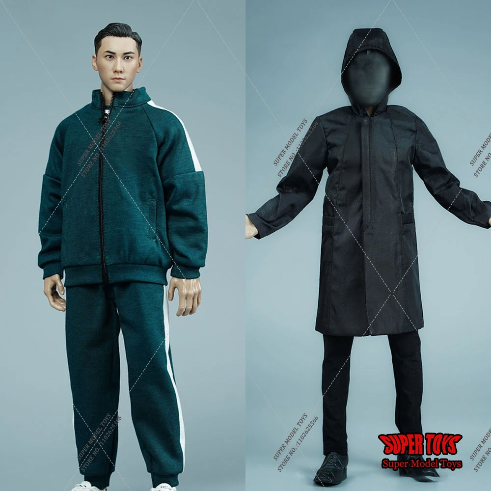 1/6 Scale Male/Female Games Soldier One-piece Bodysuit Blue Sportswear Set Black Windbreaker Costume Coat for 12'' Action Figure