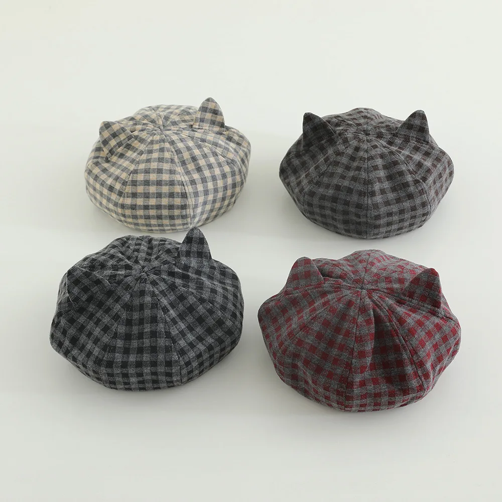 Kids Girls Plaid Berets 2025 New Arrival Children Casual Painter's Hat INS Style Spring Autumn Retro Cat Ear Hats Korean Style