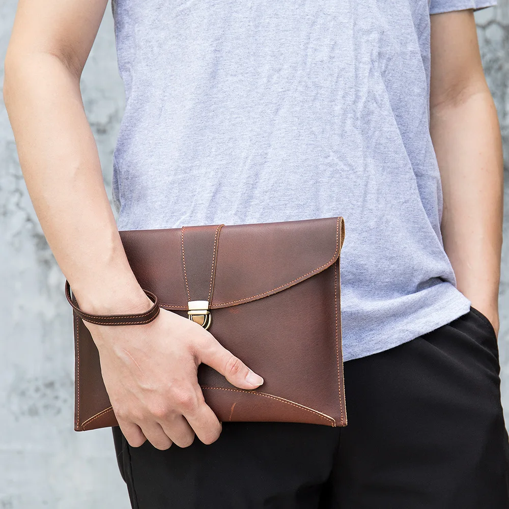 Men's Genuine Leather Clutch Bag Top Grain Cowhide Envelope Wristlet Wallet Zip Around Handheld Purse Fashion Casual