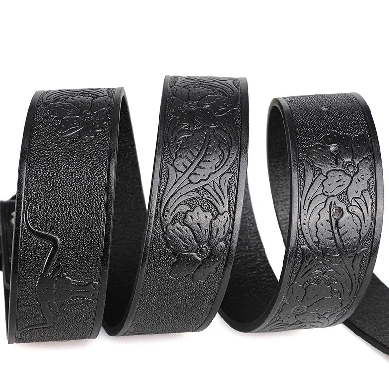 Retro-Trendiger Herren-Gürtel mit Stierkopf-Legierungsschnalle, Western-Stil Prägedruck-Blumenrelief Personalisierter Ethnischer Herren-Gürtel – Detail 8