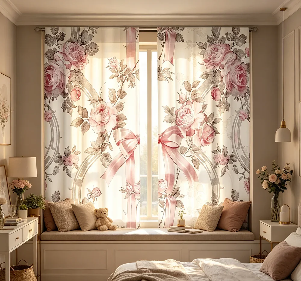 2PCS Digital Printed Curtains, Grey Leaf Pink Bow Pattern, Artistic Pattern Window Drapes for Living Room Bedroom Decor