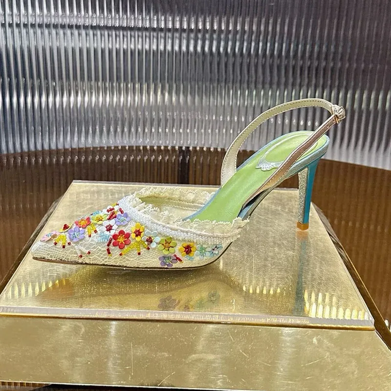 New Dress Shoes Summer Women Colorful Flower Decor Sandalias Pointed Toe Closed Toe Lace Sexy Thin High Heels Sandals Pumps