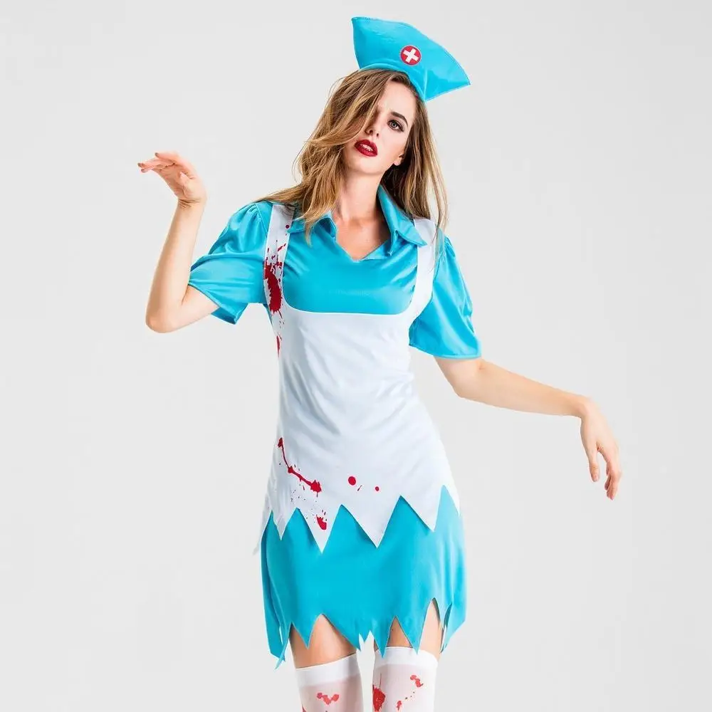 loween Horror Nurse Costume Bloodstained Servant Zombie Roleplay Outfit Women's Faion Festival Par Costume