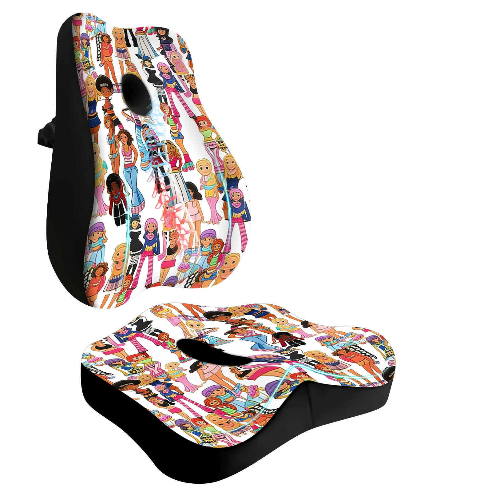 Printed Memory Foam Seat Cushion and Lumbar Support Pillow, Ergonomic Orthopedic Coccyx Cushion for Tailbone Pressure Relief, Comfort Seat Pad for Office Chair, Car, Gaming Chair