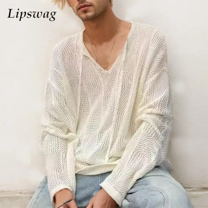 Streetwear Mens Knitted Pullover Tops Autumn Sexy See Through Hollow Out Knit T Shirts Men Fashionable Loose V Neck Lace-up Tees