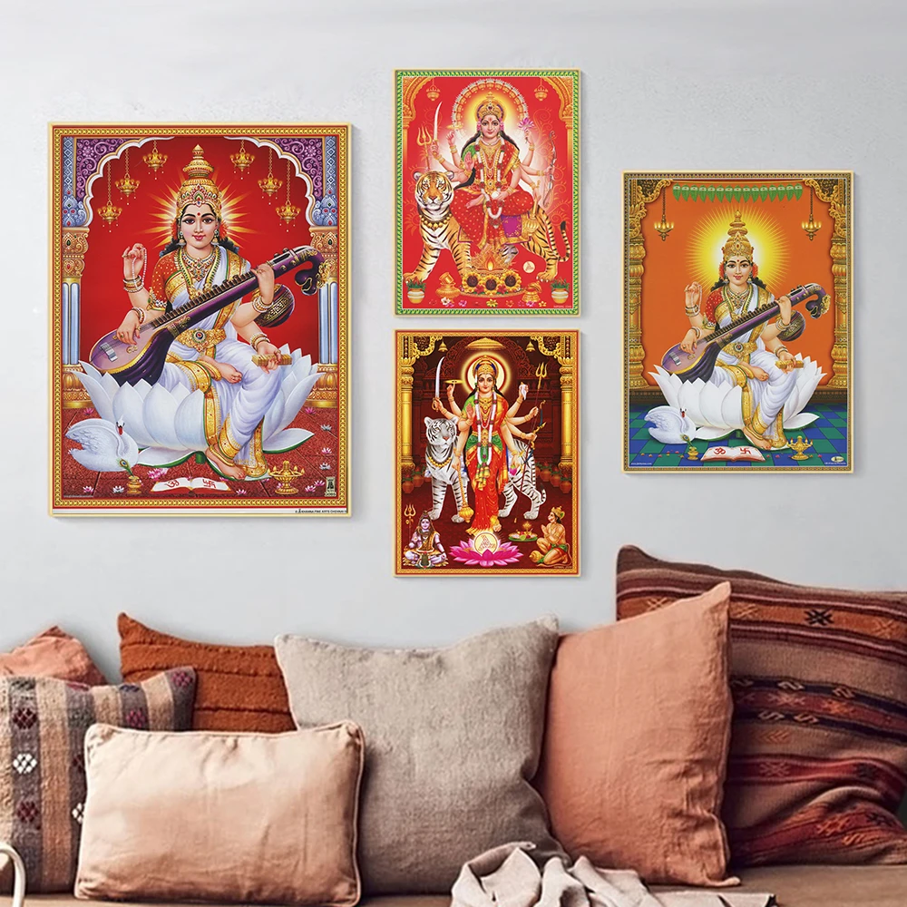 

Hindu Goddess God Poster Vintage Devotional Indian Wall Art Shiva Parvati Saraswati Durga Canvas Painting Prints Room Home Decor