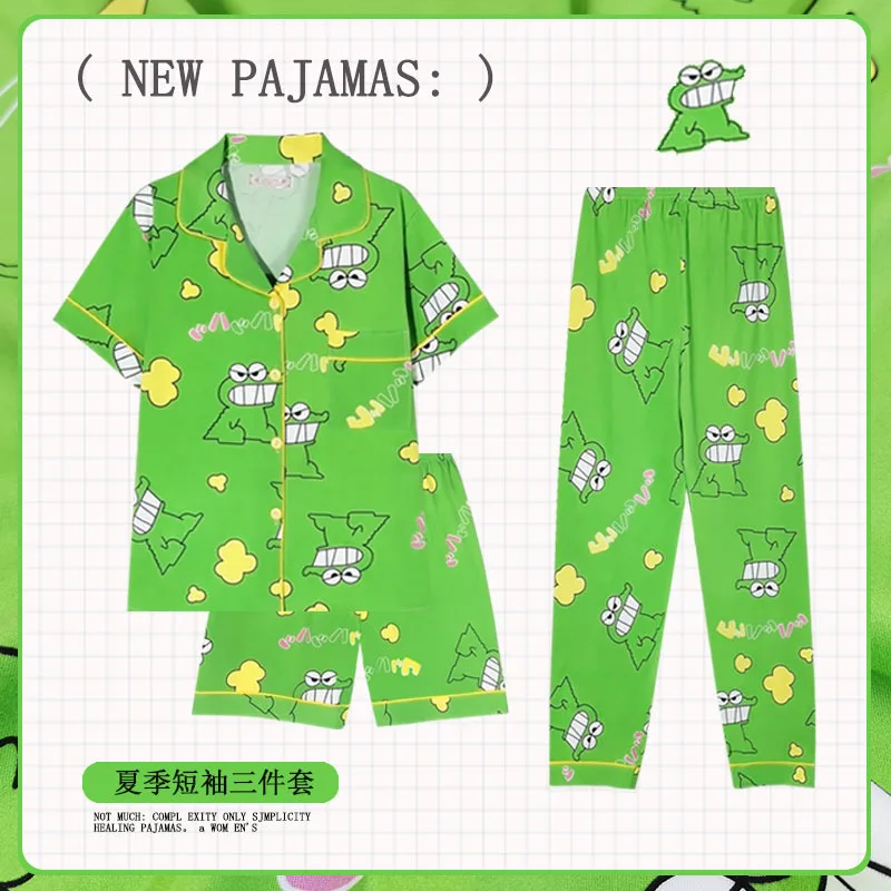 Anime Crayon Shin-Chan 3Pcs Women Pajamas Suit Cartoon Cute Girls Autumn Casual Cotton Nightwear Shorts Tops Pants