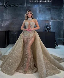 Gold Glitter Celebrity Dresses Crystals Long Sleeves See Through Mermaid Party Dress With Detachable Train Luxury Evening Gowns