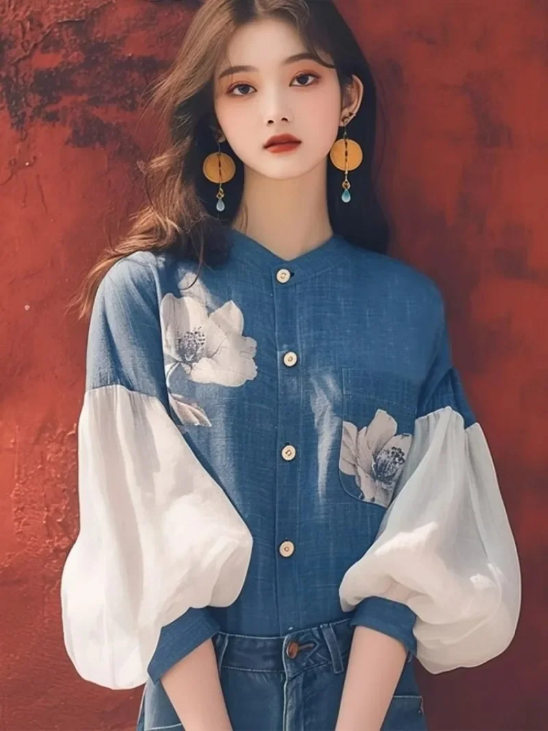 Vintage Women\'s Shirts Spring/summer New Chiffon Print Women Blouses Loose Long Sleeve Top Patchwork Korean Clothing Sales