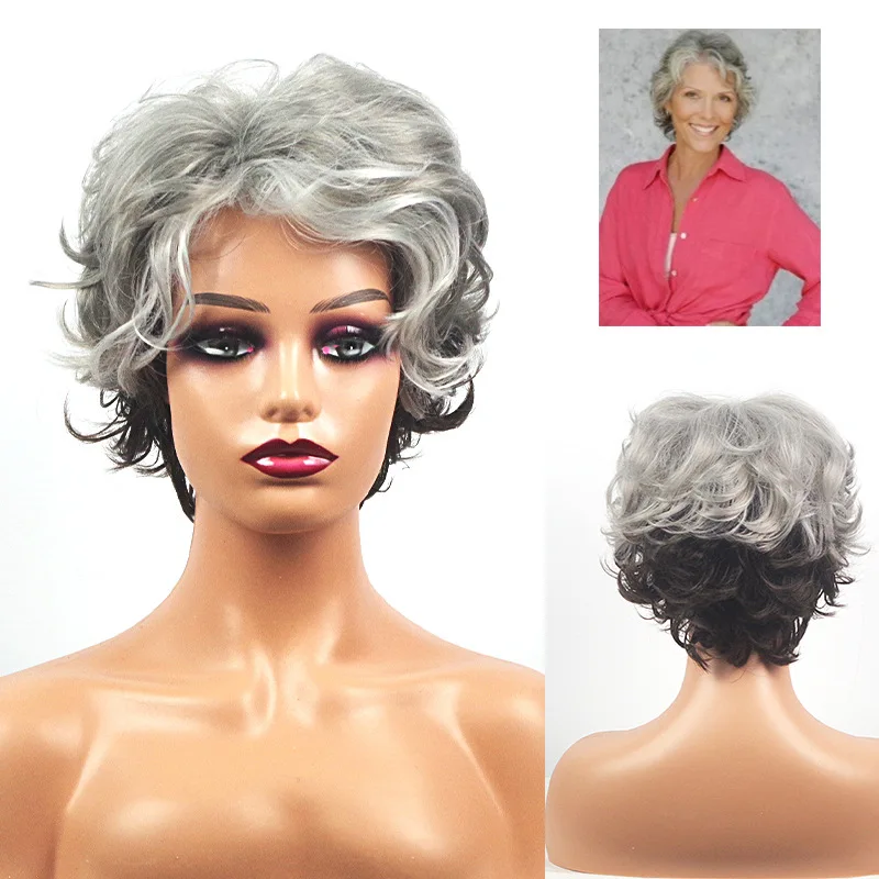 

New European and American Style Wig Short Curly Hair Women's Synthetic Wig Silver Gray Mom Wig