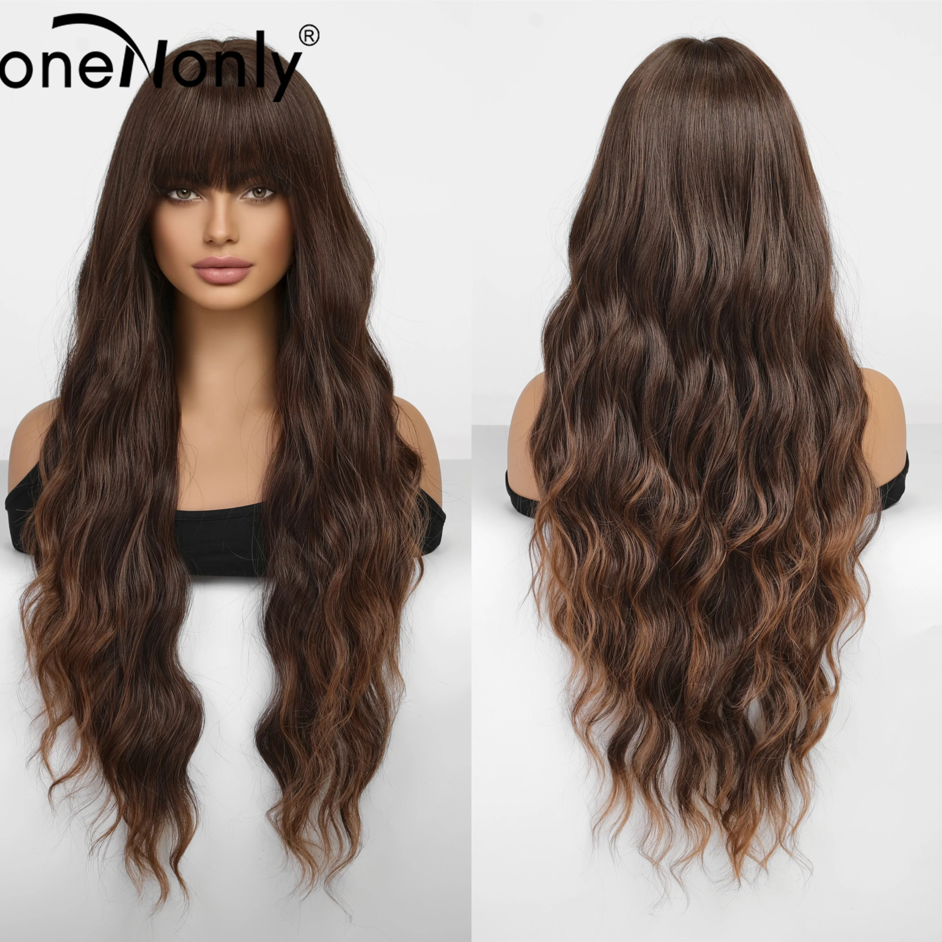 

oneNonly Long Brown Wig with Bangs Omber Synthetic Wigs for Women Natural Wave Hair Wig Heat Resistant Hair Cosplay Party