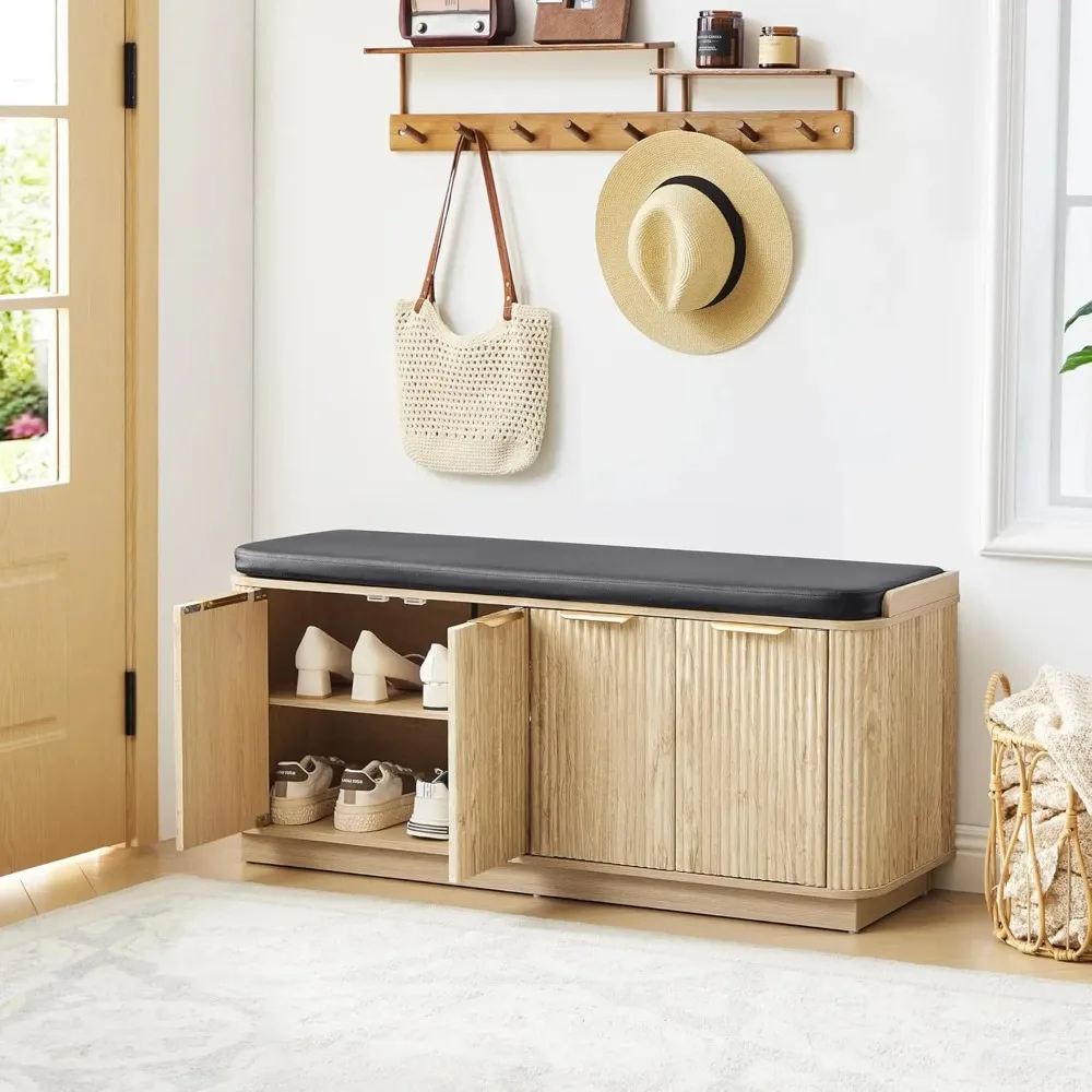 43.3''W Fluted Entryway Shoe Storage Bench with 4 Doors and Adjustable Shelf, 2-Tier Entry Bench Seat with Shoe, Customized