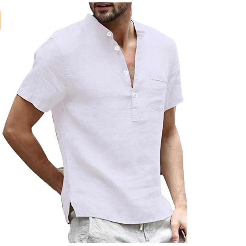 

Футболка мужская с воротником-стойкой, на пуговицах, Полуоткрытая, простая летняя, Топ и футболка, Мужская одежда, новинка 2023, однотонная, с коротким рукавом MY350