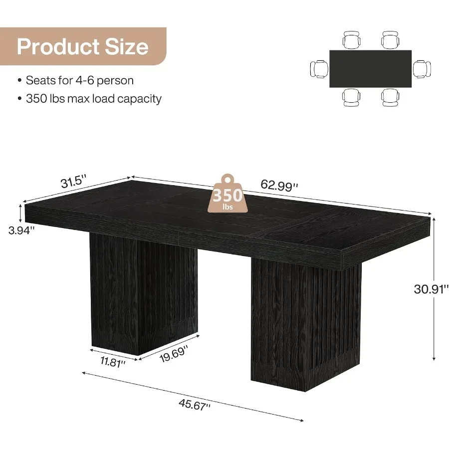Dining Table for 4-6 People, 63 Inch Modern Rectangle Kitchen Table with Pedestal Base, Large Dinner Furniture for Dining Room,