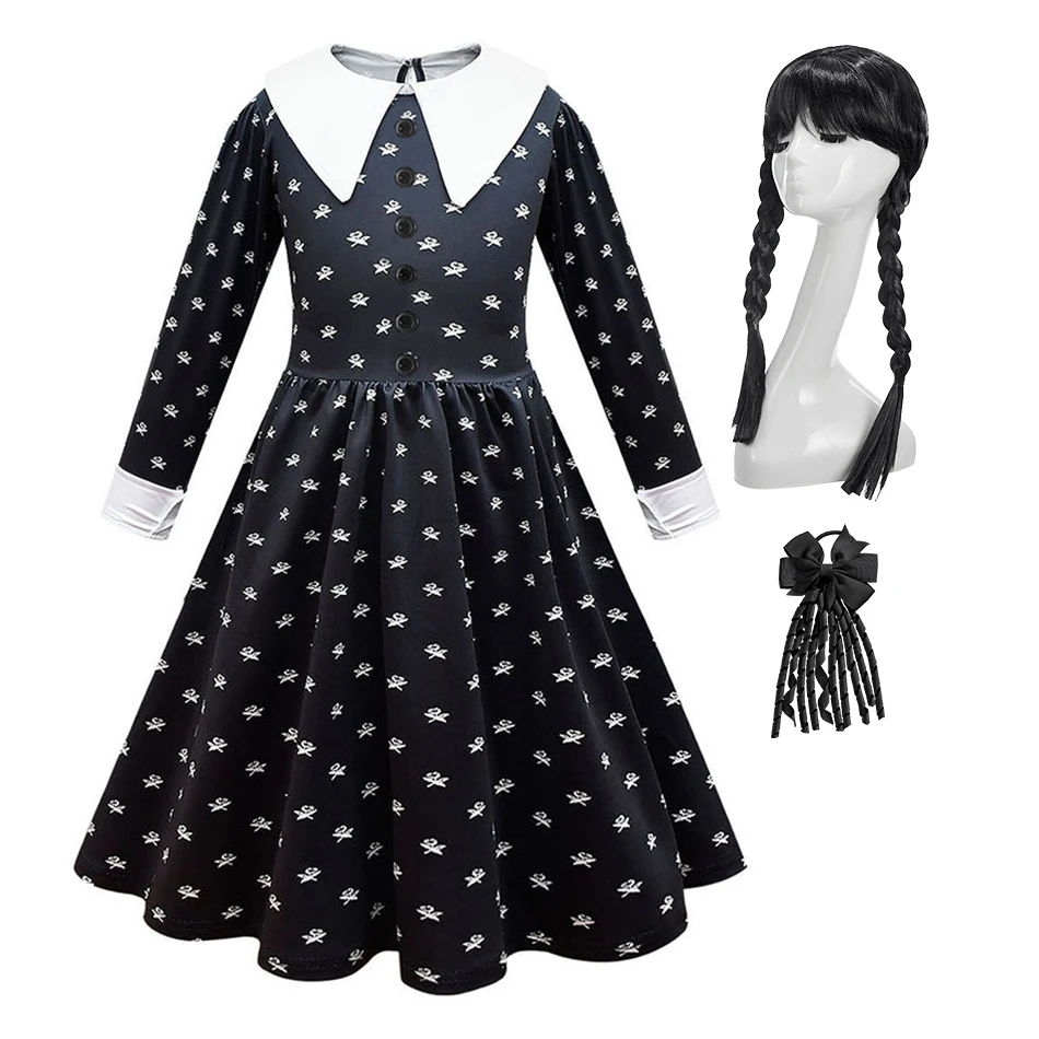 

Детский карнавальный костюм на Хэллоуин, платья принцессы Аддамс для девочек, детские костюмы на Рождество, день рождения, осенняя одежда для маленьких девочек