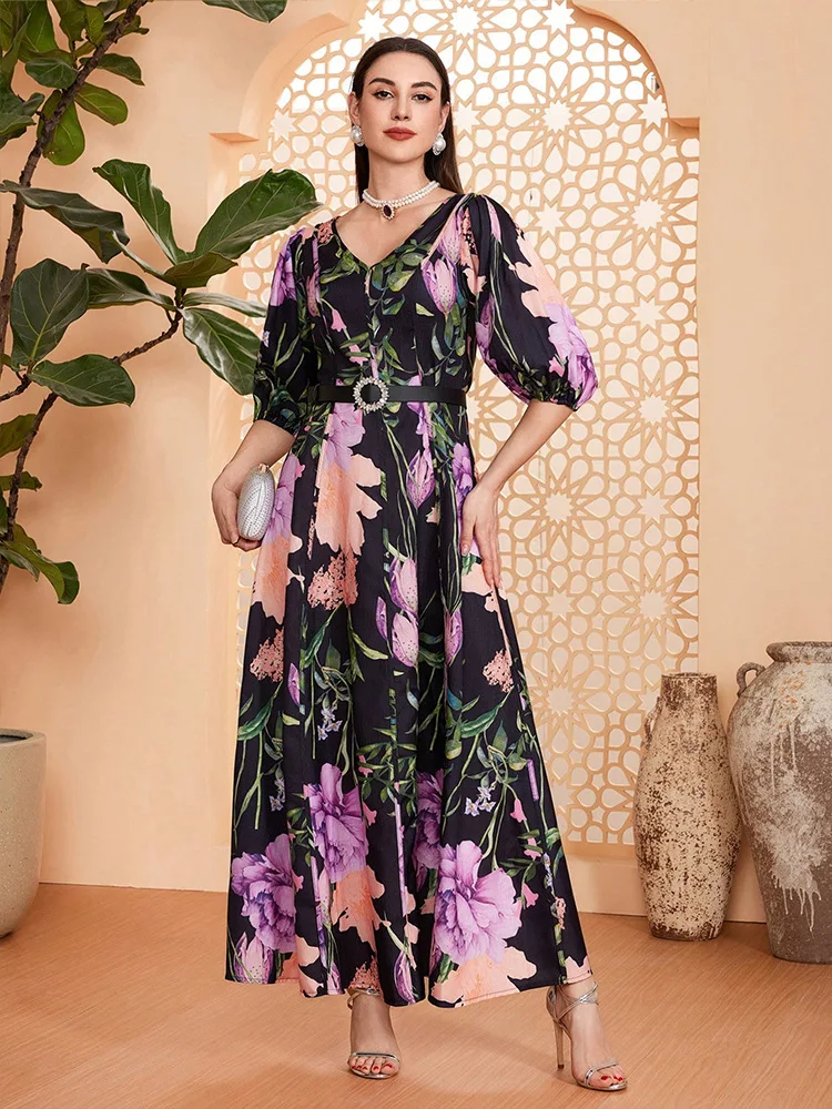 

Summer Floral Print Women Short Sleeve Maxi Dress Elegant Holiday Sundress Femme Vestidos Kaftan Dubai Abaya Formal Evening Gown