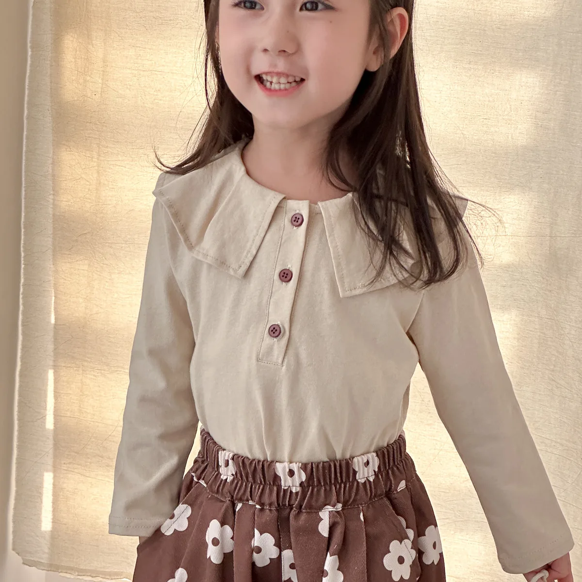 

Baby Girls Tops Autumn Simple Solid Color Cotton Soft Kids Baby Girls T-shirt Long Sleeves Turn Down Collar Toddler Girls Shirts